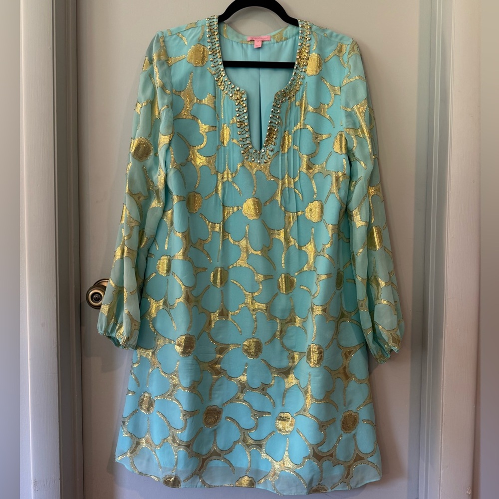 NWOT Lilly Pulitzer Baby Blue & Metallic Gold Floral Print Dress Sz 12